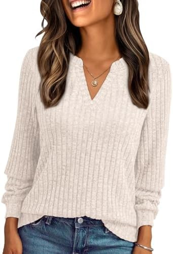 AUTOMET Womens V Neck Long Sleeve Shirts Casual Lightweight Tunic Sweaters Fall Fashion Tops Tren... | Amazon (US)