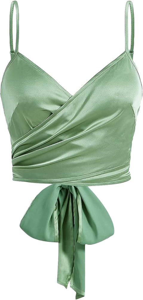 Verdusa Women's Satin Wrap Cami Top Crisscross V Neck Tie Back Sleeveless Crop Tops | Amazon (US)