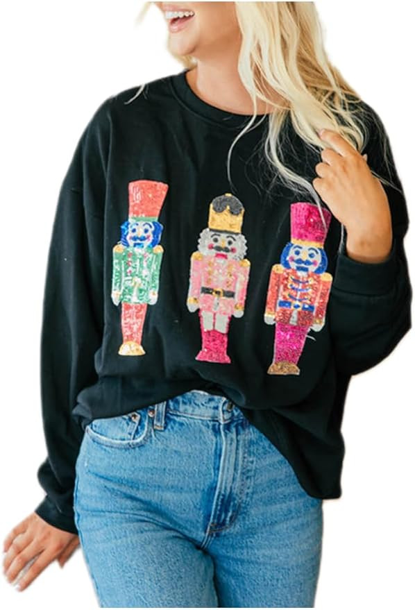 Ugly Christmas Sweater for Women 2024 Cute Sequin Nutcracker Sweatshirt Sparkly Funny Graphic Shi... | Amazon (US)