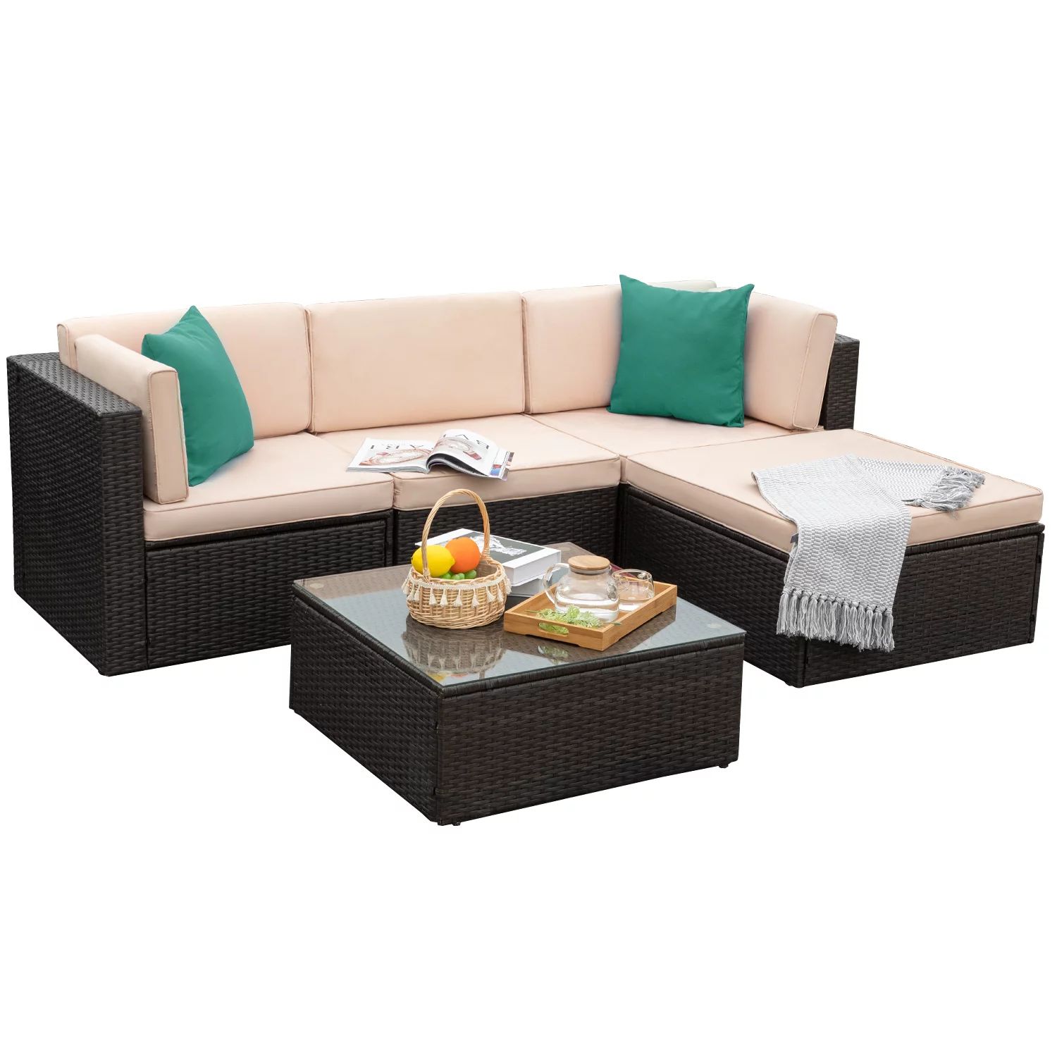 Lacoo 5 Pieces All-Weather Conversation Set and Glass Table Dark Green Pillow | Walmart (US)