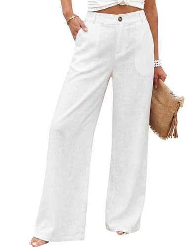 Hooever Womens Cotton Linen Pants Casual Button Up High Waisted Wide Leg Trousers | Amazon (US)
