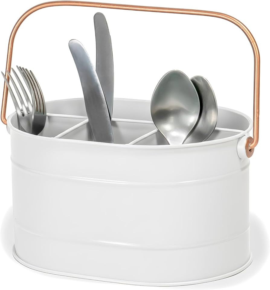Red Co. 10" x 7" Enameled Metal Utensil Caddy & Countertop Flatware Organizer with Handle, Farmho... | Amazon (US)