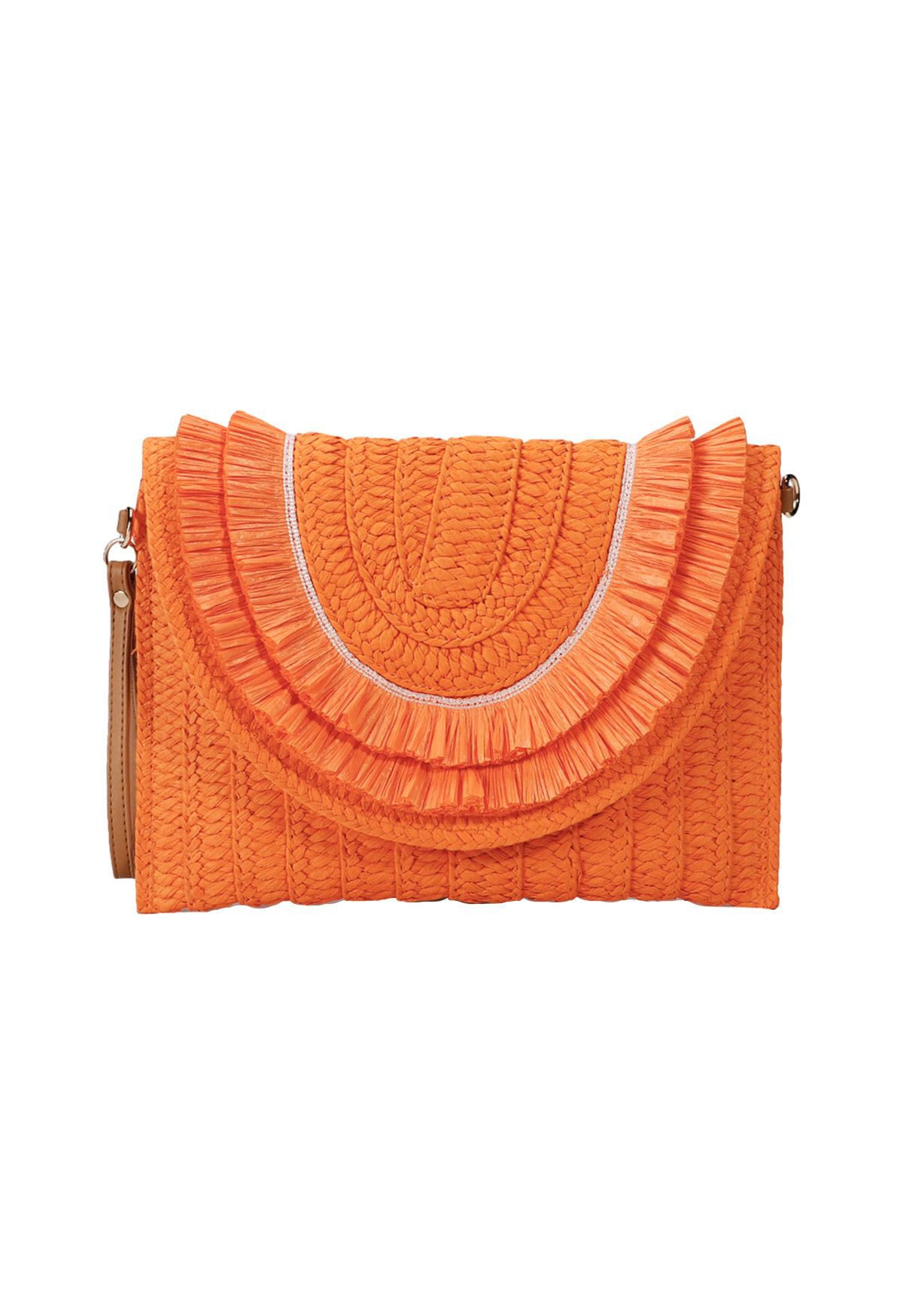 Raffia Solid Color Envelope Bag in Orange | Chicwish