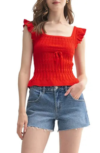 All in Favor Pointelle Ruffle Accent Knit Top in Red at Nordstrom Rack, Size X-Large | Nordstrom Rack