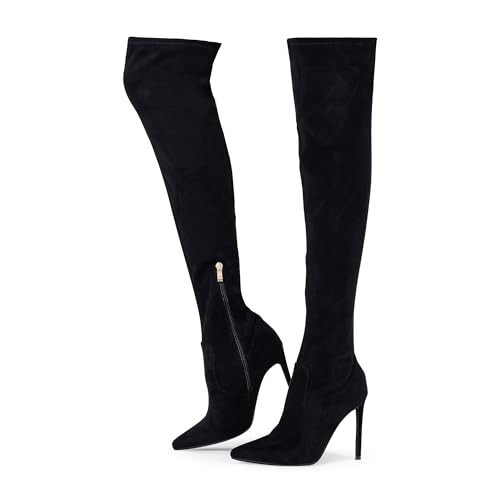 Elisabet Tang Thigh High Boots Over the Knee Boots for Women,Sexy 4.3 inch Stilettos High Heels Boots Stretch Suede Long Pointed Toe Shoes Black Suede Size 11 | Amazon (US)