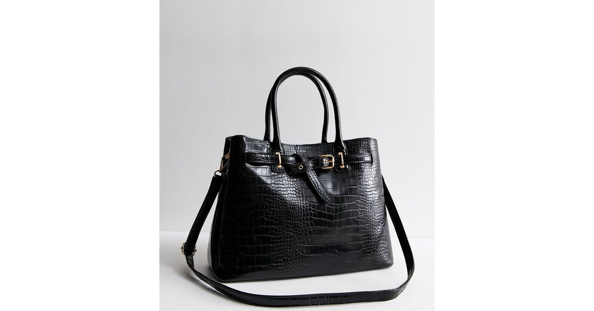 Black Buckle Croc Effect Triple Compartment Tote Bag
						
						Add to Saved Items
						Remove... | New Look (UK)