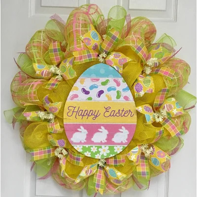 Easter Wreath with Wood Yellow and Pink Decorated Egg | Wayfair North America