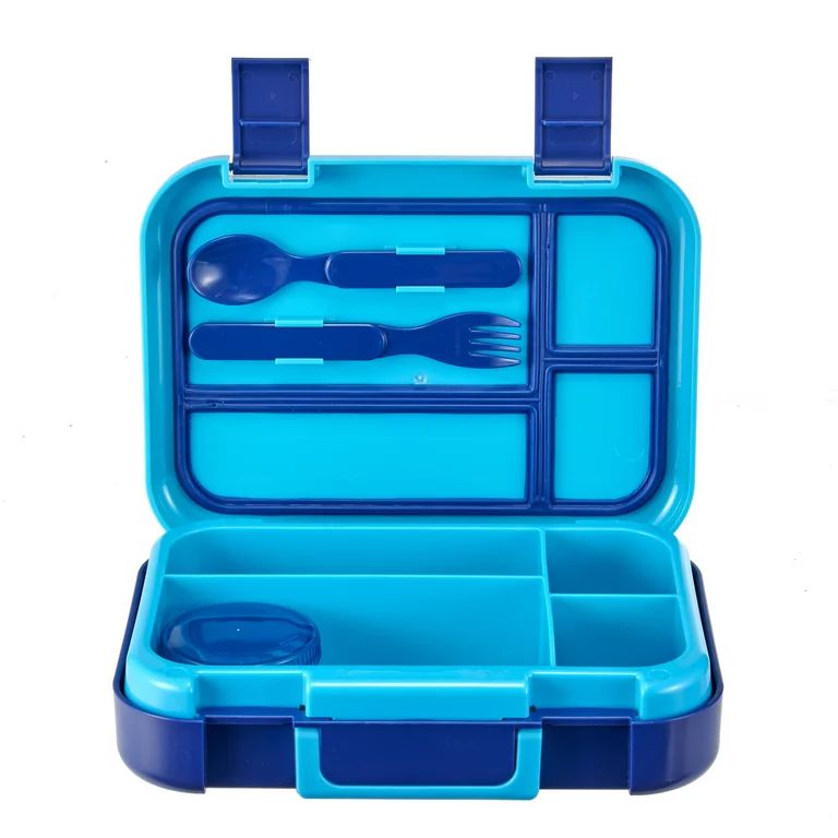 Your Zone Plastic Bento Box with 4 Compartments, 1 Fork, 1 Spoon, 1 Dressing Container, Blue | Walmart (US)
