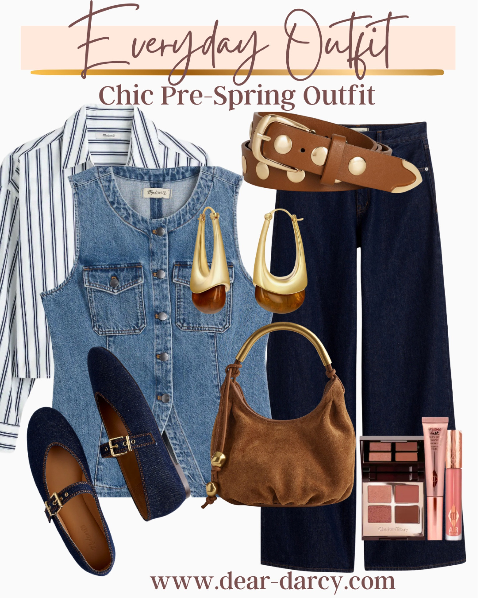 Everyday outfit…
You’ll wear on repeat 
Chic and great wardrobe builders too

Madewell 
Stripe button up tts

Made well denim vest  tts
Madewell wide leg denim tts

Denim Mary Jane flats madewell tts  and a best seller 

Madewell mini bag 

Amazon find studded belt tts affordable 

Amazon two tone gold tortoise earrings under $20 

Charlotte tilbury best seller set
Eyeshadow, glow bronzer and lipstick pillow talk 



#LTKMostLoved #LTKStyleTip #LTKWorkwear