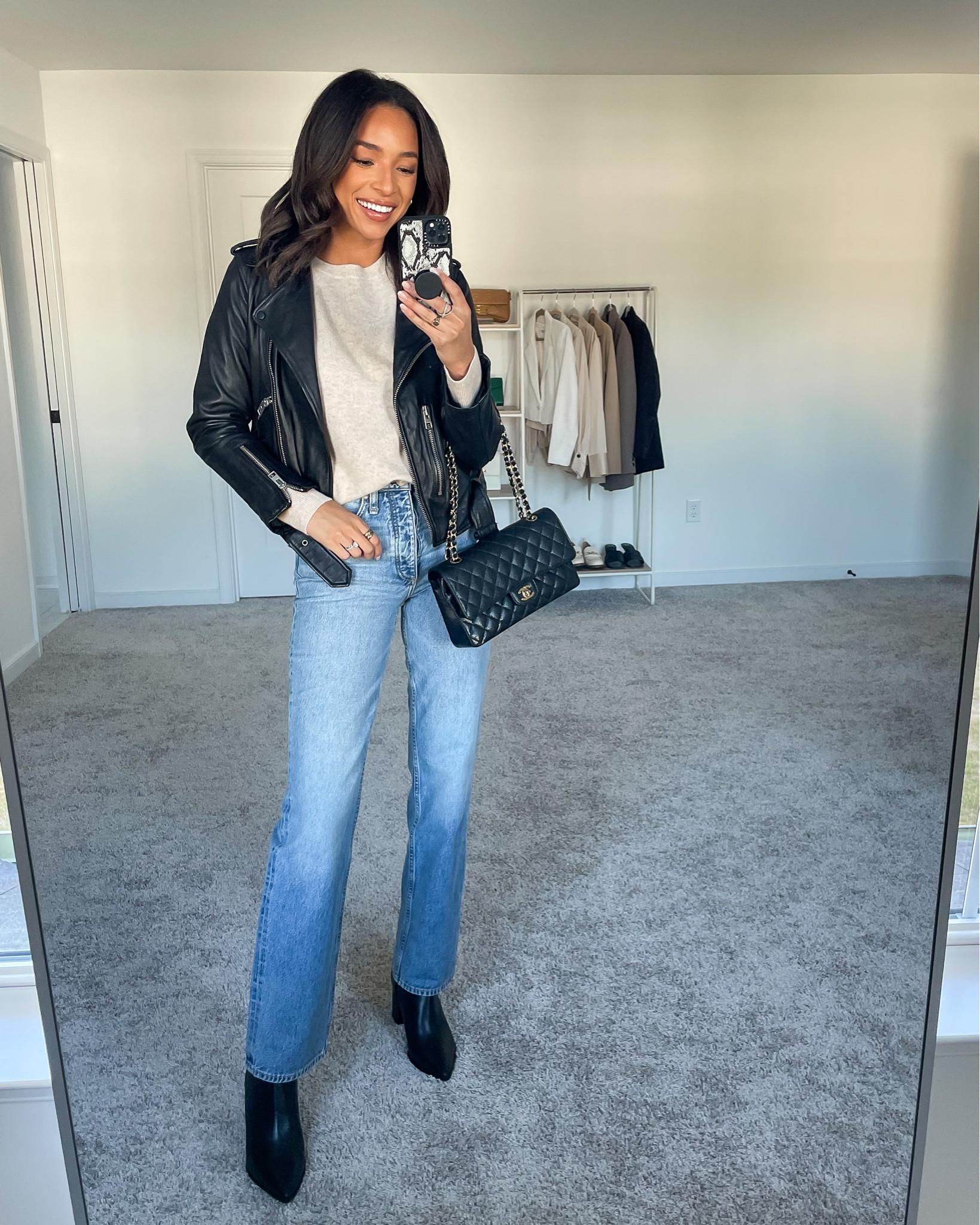 Size 6 in black leather jacket (runs very small, size up two), M in beige cashmere sweater (for an oversized fit), 25 in jeans, black booties fit tts 







Fall outfit
Fall capsule wardrobe
Capsule wardrobe outfit
Fall work outfit
Work outfit 
Work to weekend outfit
Smart casual outfit 
Date night outfit
Casual outfit
Leather jacket outfit
Waterproof booties
Fall boots 


#LTKSeasonal #LTKstyletip #LTKshoecrush