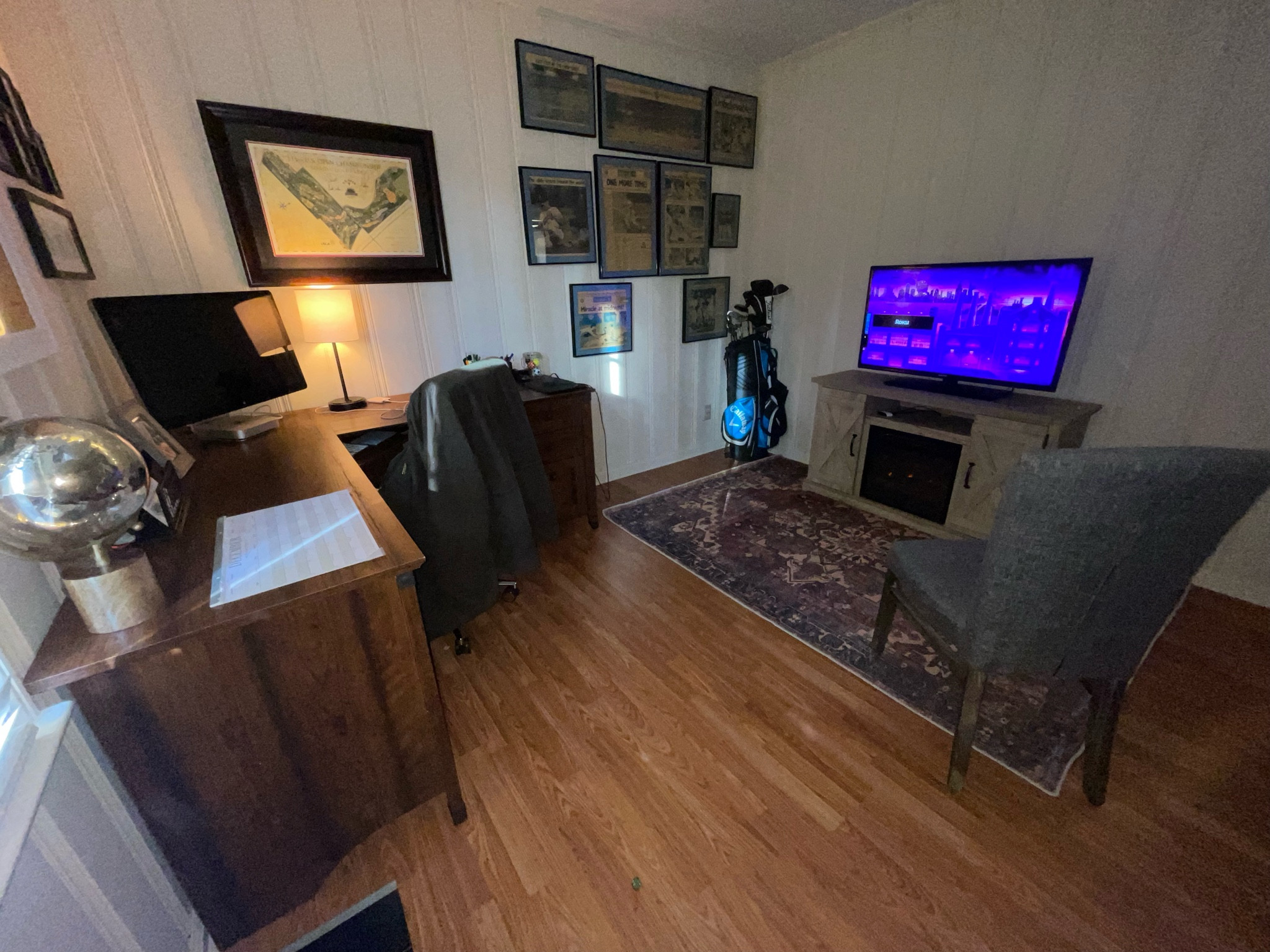 SURPRISE I REDID YOUR OFFICE! I just redid my boyfriends office for him.. I even built all the furniture myself. I linked the desk, chair, fireplace/entertainment center, and rug. You won’t believe the prices.