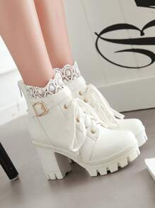 Women Lace & Buckle Decor Lace Up Front Buckle Detail Chunky Heeled Fashion Boots SKU: sx21091416... | SHEIN