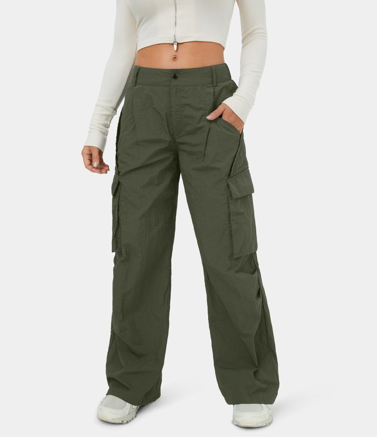 Women's Low Rise Belted Button Zipper Side Pocket Wide Leg Casual Cargo Pants - HALARA | HALARA