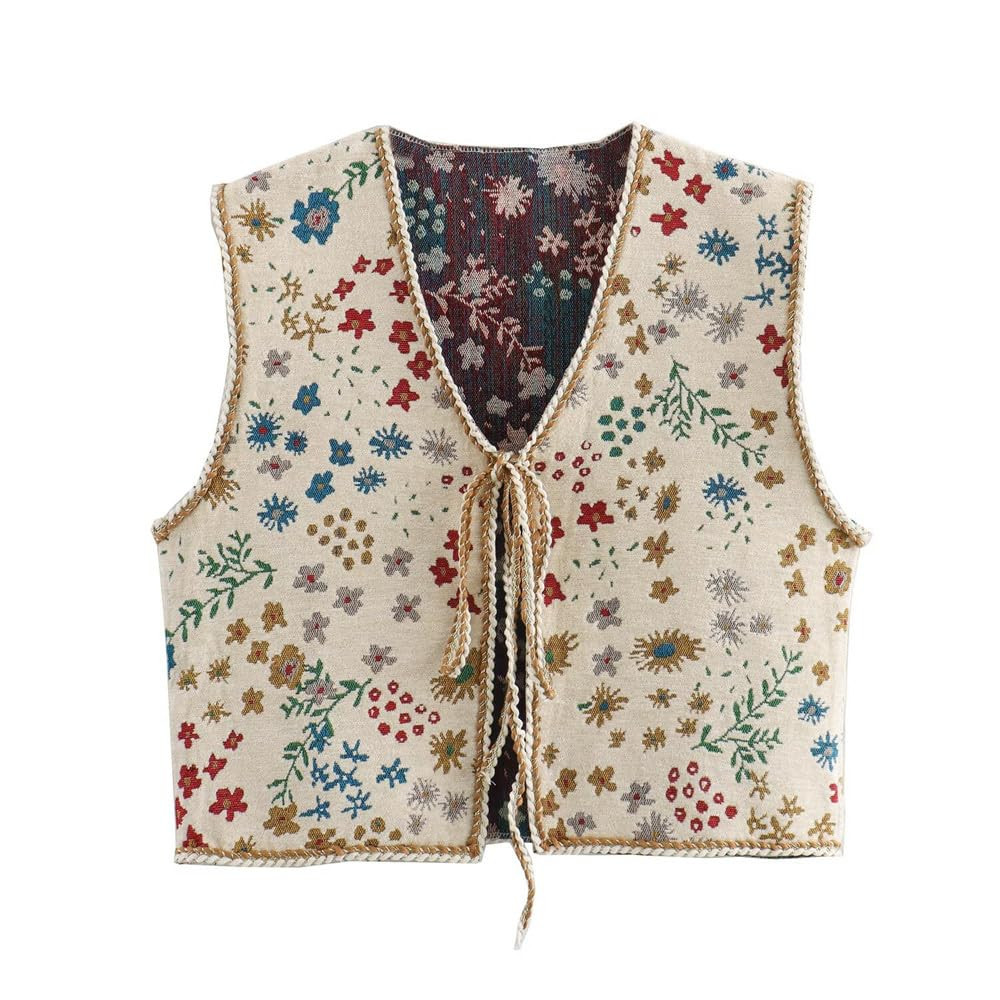 Women Crochet Floral Embroidered Vest Boho Floral Tie Front Vest Vintage Sleeveless Crop Cardigan... | Amazon (US)