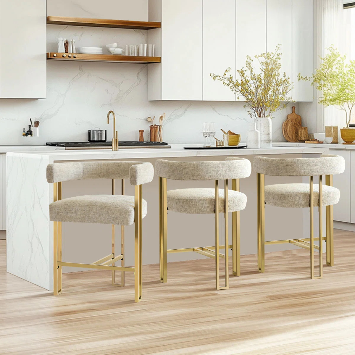Dollie Set of 3 Upholstered Gold Chenille Solid Back Counter Stool | Wayfair North America