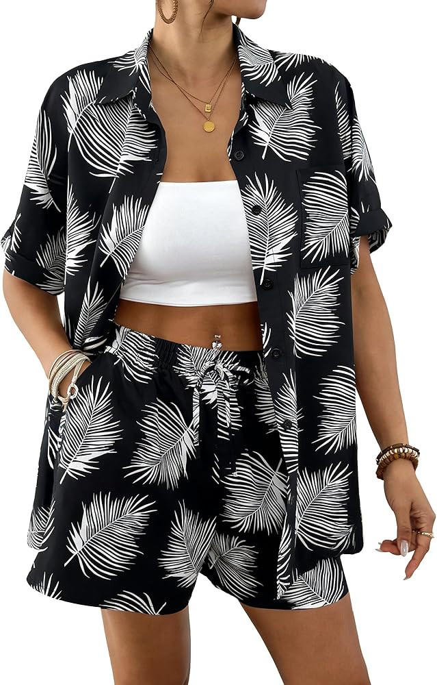 Bsubseach 2 Piece Sets for Women Beach Cover Up Summer Short Sets Tropical Vacation Outfits | Amazon (US)