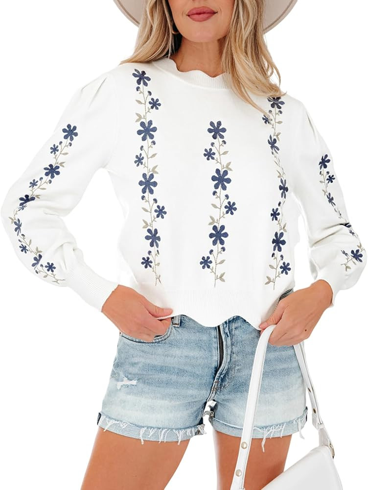 Floral Sweaters for Women Pullover Embroidered Sweaters Scallop Hem Puff Sleeve Cropped Knit Swea... | Amazon (US)