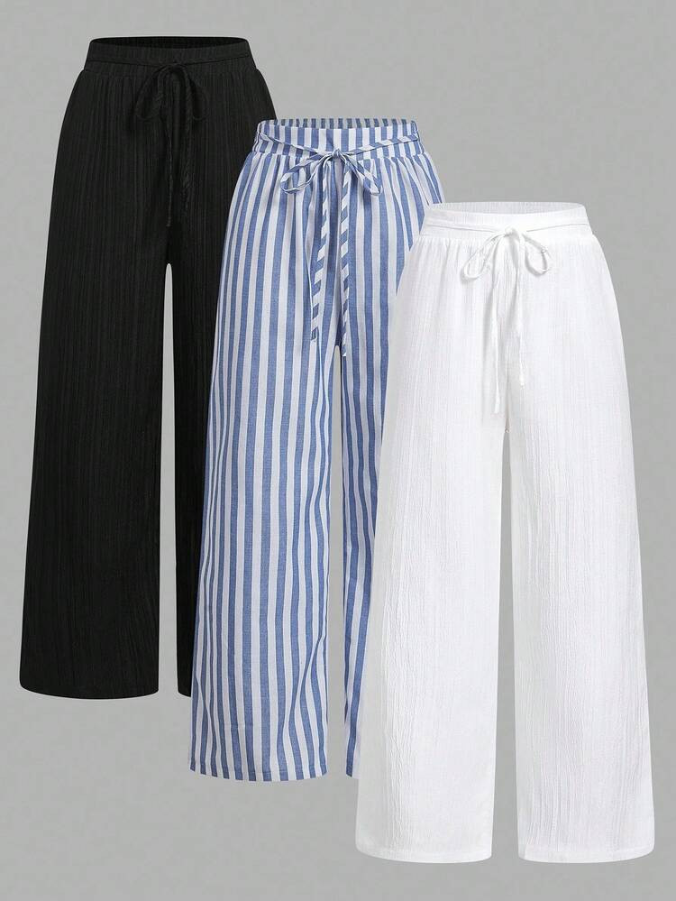 EMERY ROSE 3pcs Set Black & White Striped Casual Pants With Waist Tie, Pockets, Straight Leg, Vac... | SHEIN