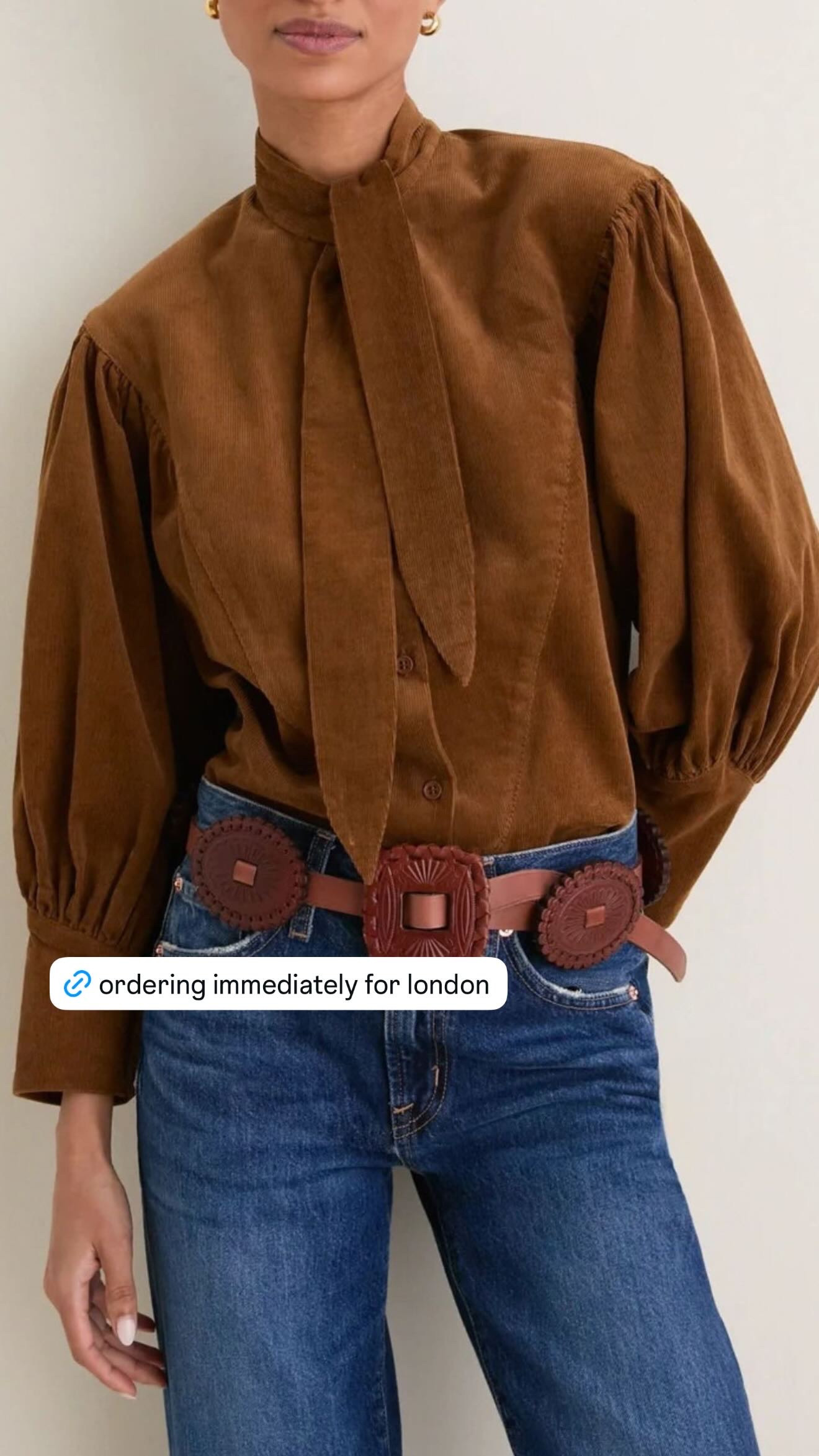 ordering immediately for london. the rich brown corduroy + tie-neck detail feels so perfect for fall, and i love how it looks tucked into denim. such an easy top for sightseeing during the day, then add a blazer or coat + boots for dinner.  

 #LTKSeasonal