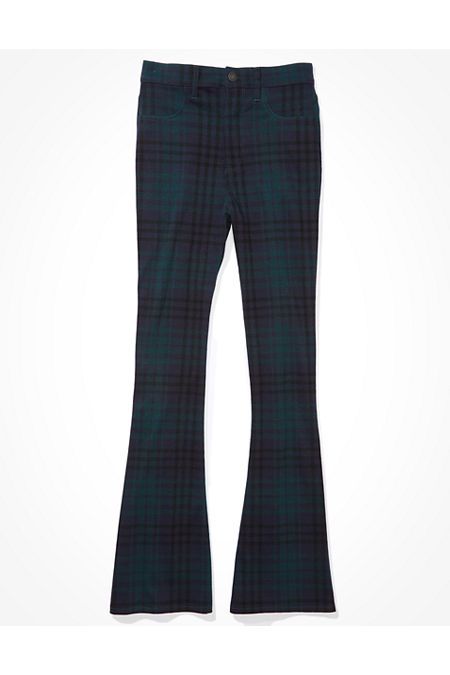 AE Super High-Waisted Plaid Flare Pant Women's Blue 6 Short | American Eagle Outfitters (US & CA)