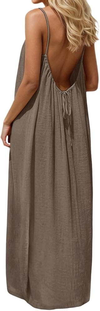 GaoCold Linen Backless Cami Dresses for Women Low Back Housedress Casual Flowy Maxi Dress Sleevel... | Amazon (US)