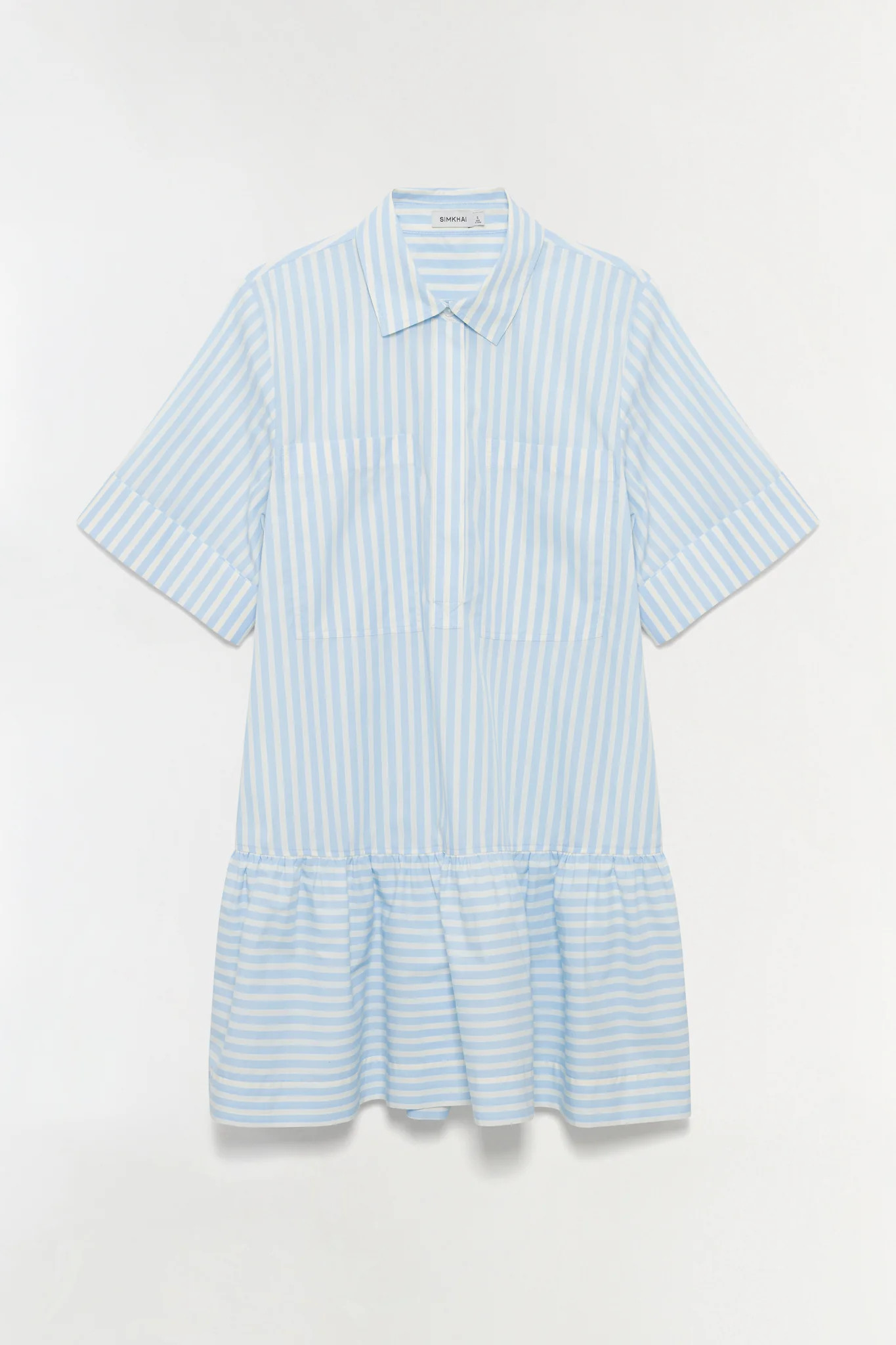 SIMKHAI Women's Short Sleeve Cris Cotton Shirt Dress in Hydrangea Blue Stripe, Size XL | Simkhai