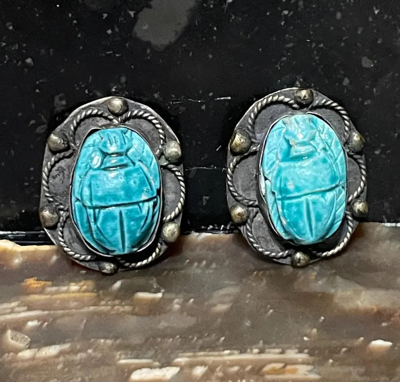 Vintage Egyptian Revival Scarab Clip On Earrings Sterling Silver and Dyed Stone | Etsy (Global)
