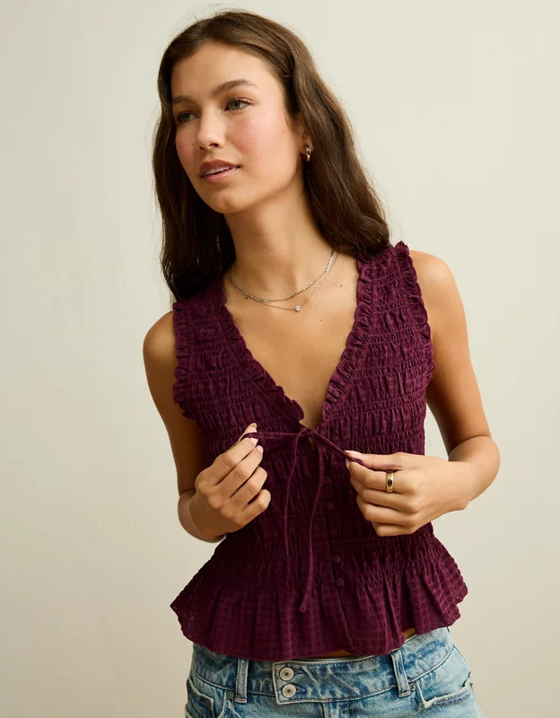 AE Ruched V-Neck Top Women's Burgundy M | American Eagle Outfitters (US & CA)