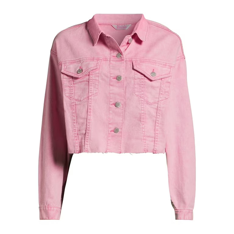 No Boundaries Juniors' Cropped Denim Jacket with Raw Edge Hem, Sizes XS-XXXL | Walmart (US)