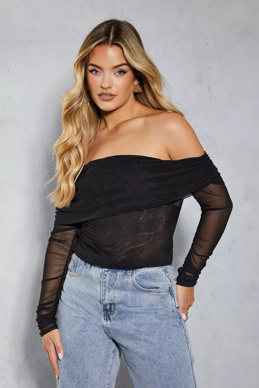 Mesh Ruched Drape Bardot Long Sleeve Top | Nasty Gal US