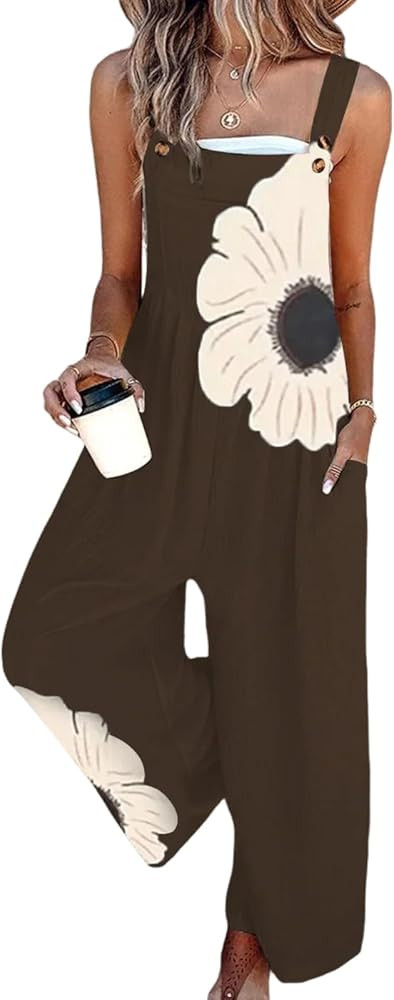 Women's Jumpsuits 2026 Summer Floral Overalls One Piece Outfits Sleeveless Wide Leg Pants Rompers... | Amazon (US)