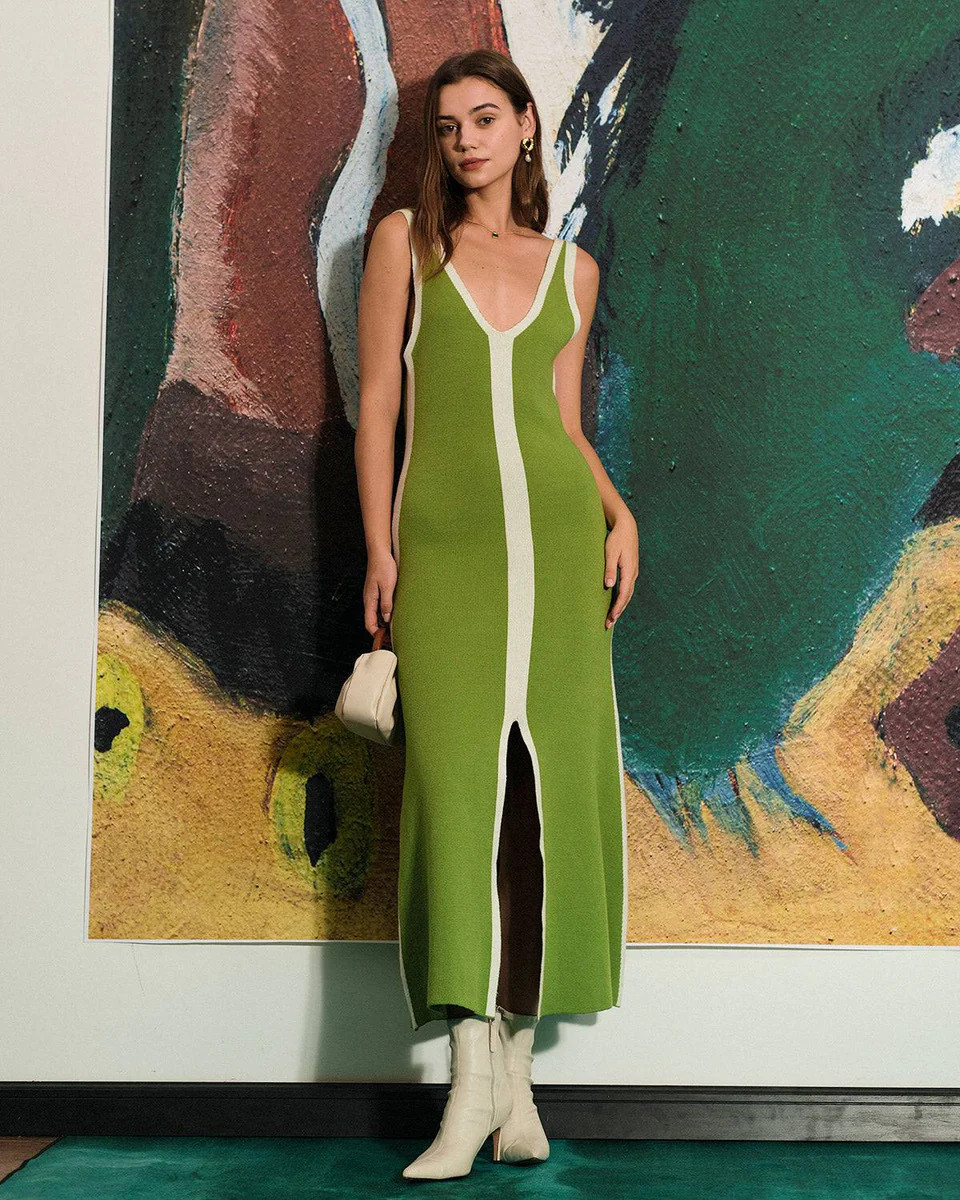 The Color Block Stripe Knit Maxi Dress & Reviews - Green - Dresses | RIHOAS | rihoas.com