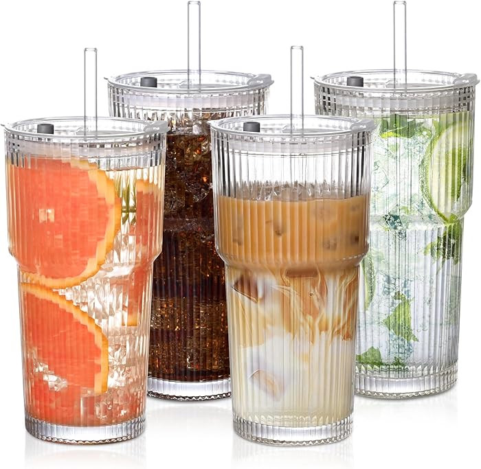 20oz Ribbed Glass Cups with Lids and Straws,4PCS Glass Tumbler with Straw and Lid, Iced Coffee Cu... | Amazon (US)