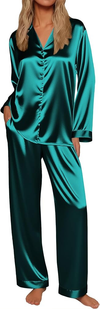 Ekouaer Silk Satin Pajamas for Women Button Down Pjs Set Long Sleeve Loungewear 2 Piece Wide Leg ... | Amazon (US)