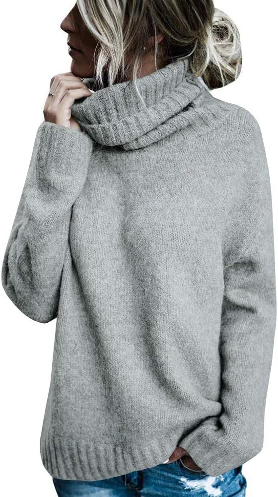 Womens Solid Round Neck Oversized Turtleneck Full Sleeve Knitted Sweater Pullover | Amazon (US)
