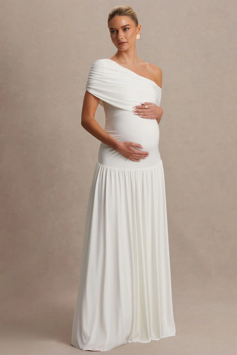 Noah  White Asymmetric-Neck Maternity Maxi Dress With Drop-Waist | Club L London