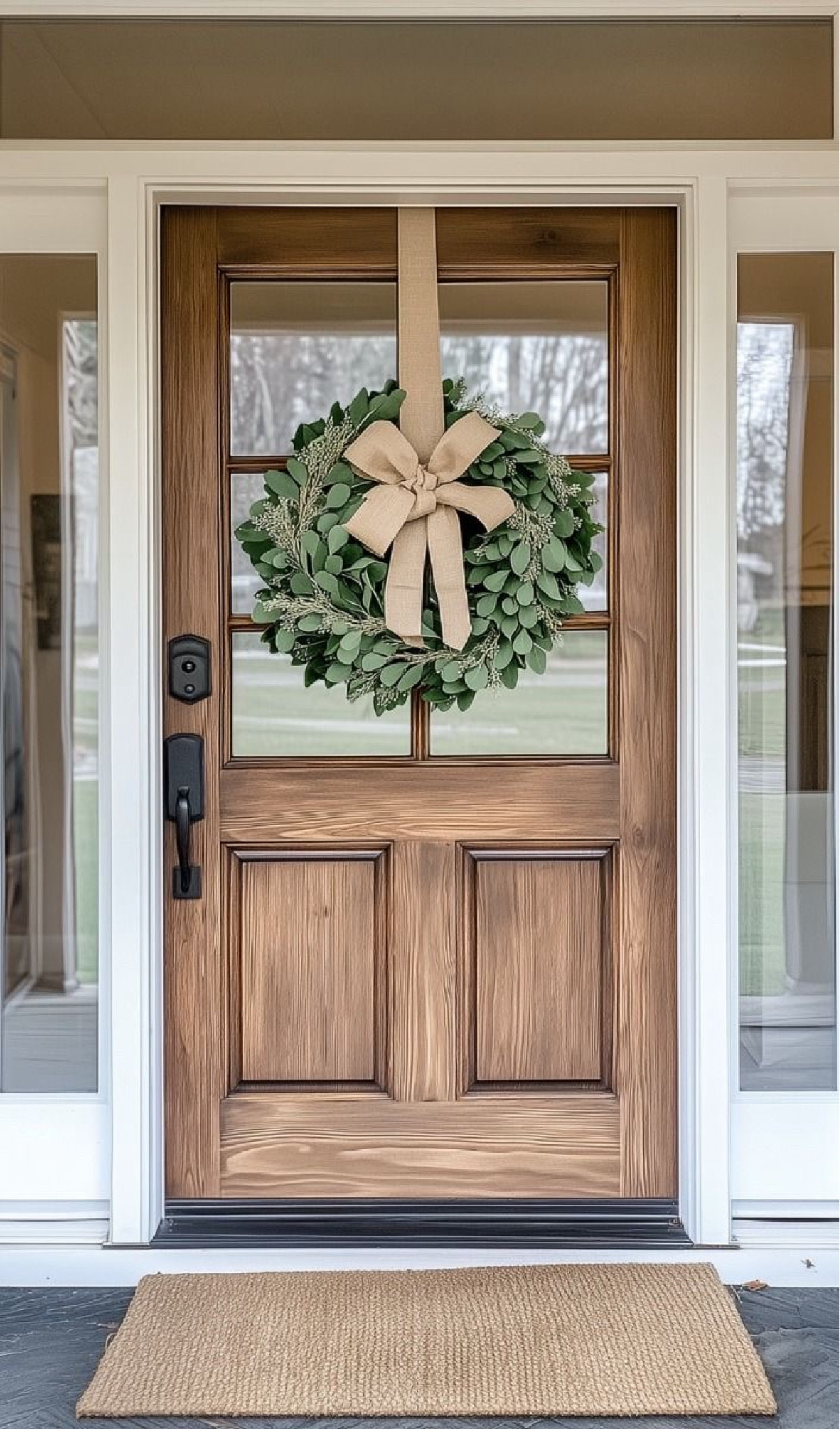 Organic Modern Christmas decor ideas. Christmas porch decorated for the holidays with simple natural wreath and burlap bow. Follow for home decor and style finds! Eucalyptus wreath, burlap bow, modern classy Christmas decorations. 

#LTKSeasonal #LTKHoliday #LTKHome