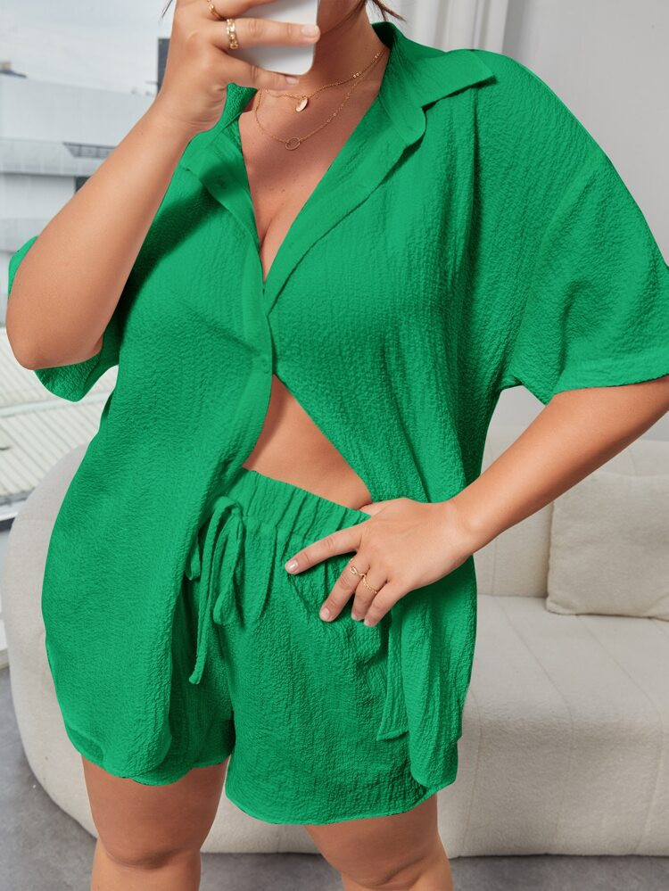SHEIN Frenchy Plus Textured Button Front Blouse & Tie Front Shorts | SHEIN