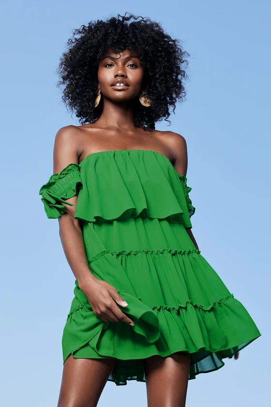 Tiers To My Heart Green Off-the-Shoulder Ruffled Mini Dress | Lulus (US)