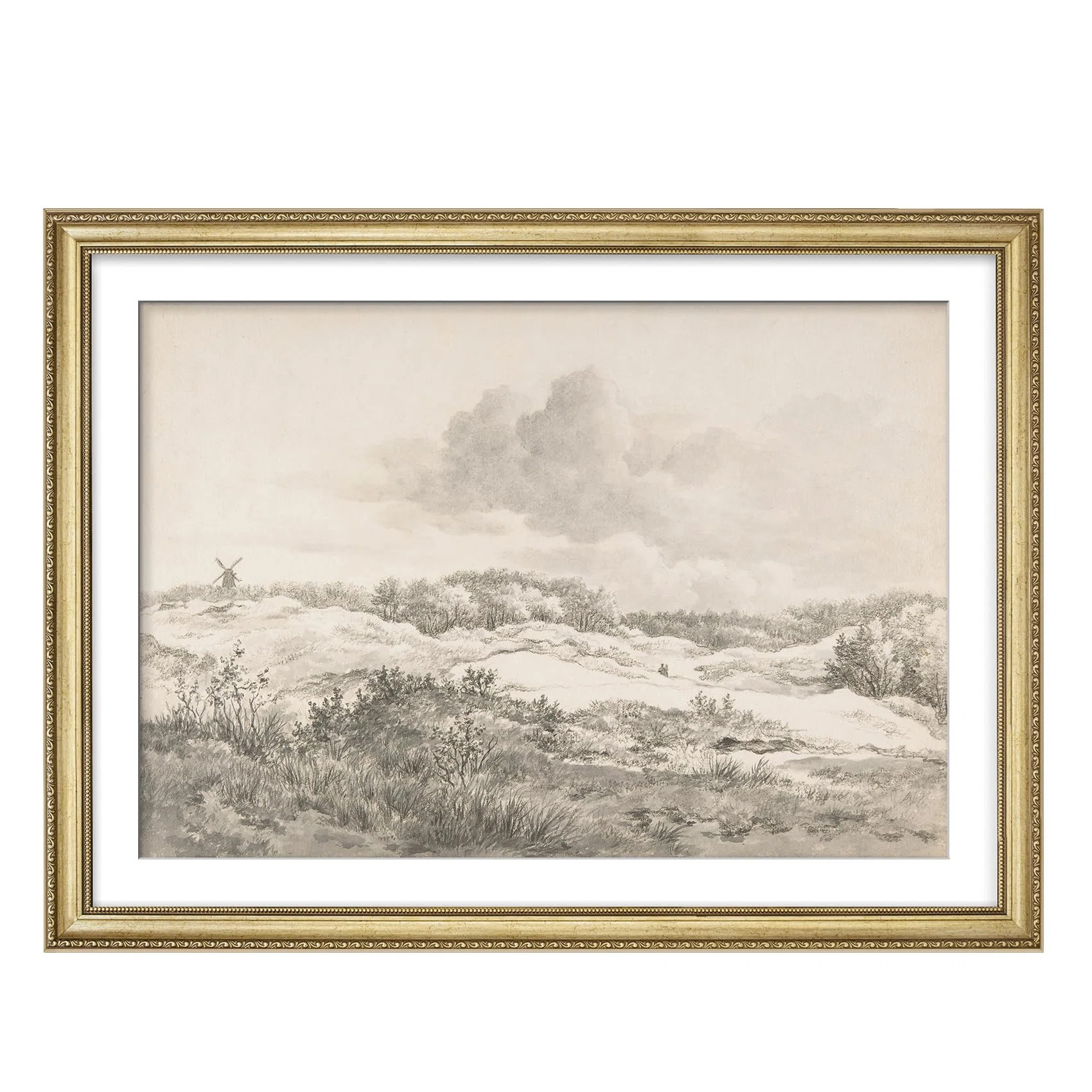 wall26 " Vintage Windmill And Fields Rustic Countryside Sketch Illustrations Gold Framed Wall Art... | Wayfair North America