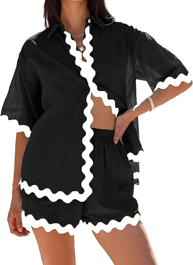 Women's 2 Piece Beach Outfits Short Sleeve Button Down Linen Shirts and Shorts Pajama Sets Lounge... | Amazon (US)