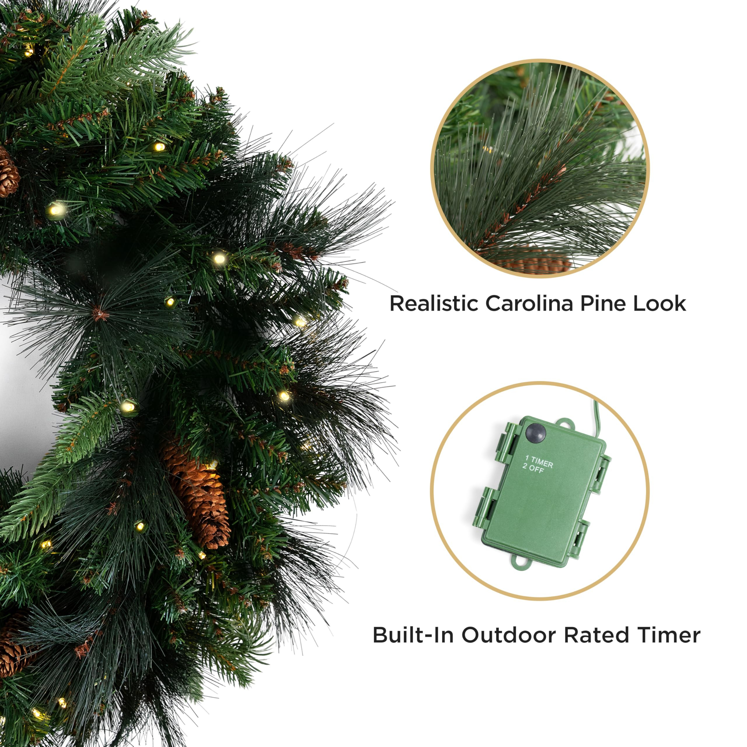 Papyrus 24" Pre-Lit Carolina Pine Artificial Wreath, Pine Cones, Warm White Light, Battery Powere... | Amazon (US)