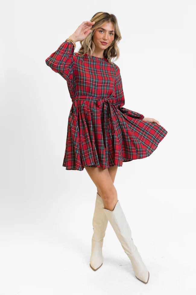 Snowball Effect Red Plaid Tie Belt Mini Dress | Pink Lily