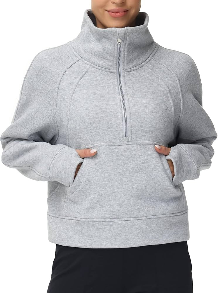 THE GYM PEOPLE Womens' Half Zip Pullover Fleece Stand Collar Crop Sweatshirt with Pockets Thumb H... | Amazon (US)