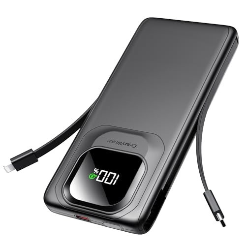 Portable Charger Power Bank with Built-in Type C Cables, 22.5W Fast Charging 10000mAh Phone Charger, Travel Battery Pack Slim Battery Bank with LED Display for iPhone, Android & USB-C (Black) | Amazon (US)
