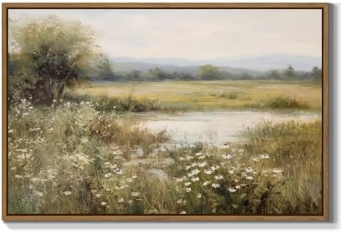 Vintage Landscape Wall Art Spring Wildflower Field Pictures Wall Decor Rustic River Pond Painting... | Amazon (US)