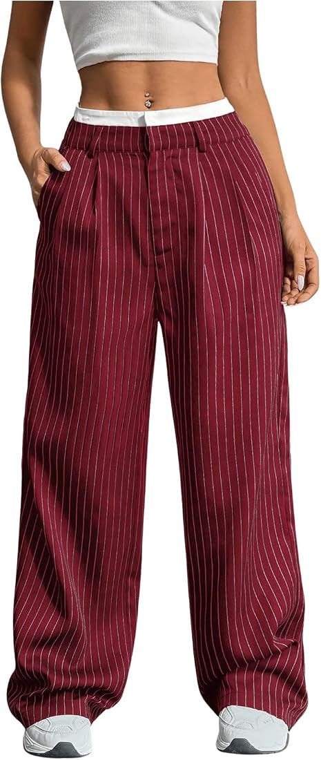 SOLY HUX Women's Striped Pants Color Block High Waisted Wide Leg Casual Work Office Long Trousers | Amazon (US)