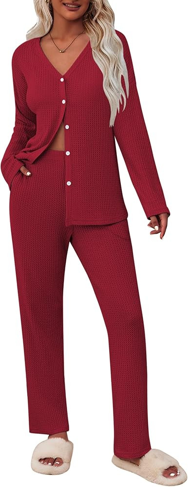 Ekouaer Womens Waffle Knit Pajamas Loungewear Two-piece Sleepwear Button-Down Pj Set with Pockets | Amazon (US)