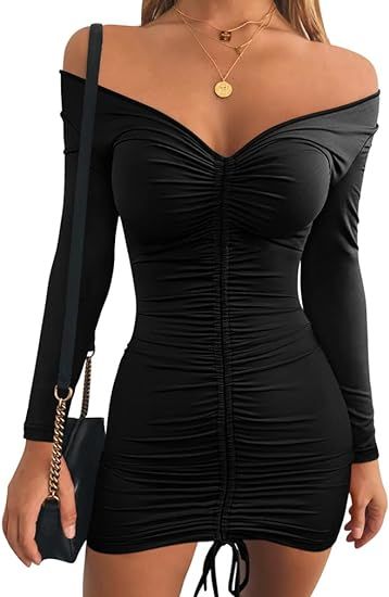 Amazon.com: XXTAXN Women's Sexy Elegant Long Sleeve Off The Shoulder Ruched Mini Dress Black : Cl... | Amazon (US)