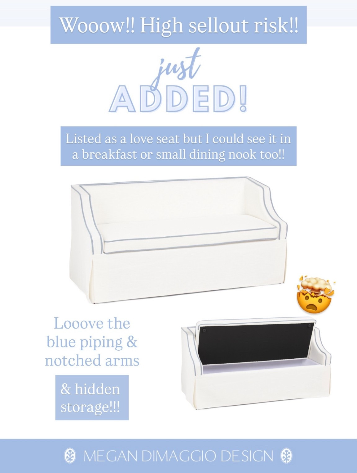 Wow!! I’ve NEVER seen this come online before!! Gorgeous skirted white loveseat with notched arms, blue piping and a storage seat!! High sellout risk!! 🏃🏼‍♀️🏃🏼‍♀️🏃🏼‍♀️

Can see this used in a breakfast for small dining nook too!!
